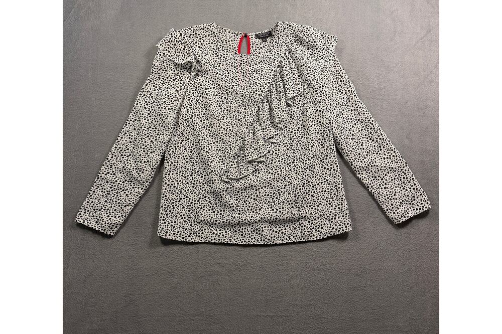 Topshop White Black Spotted Dalmatian Print Asymmetric Ruffle Blouse Top Size 2